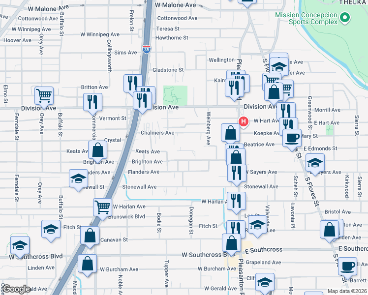 map of restaurants, bars, coffee shops, grocery stores, and more near 424 San Blas in San Antonio