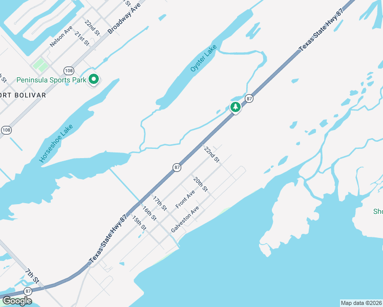 map of restaurants, bars, coffee shops, grocery stores, and more near 2059 Texas 87 in Bolivar Peninsula