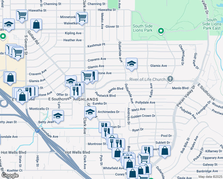 map of restaurants, bars, coffee shops, grocery stores, and more near 101 Prestwick Boulevard in San Antonio