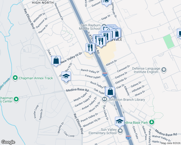 map of restaurants, bars, coffee shops, grocery stores, and more near 127 Forest Valley in San Antonio