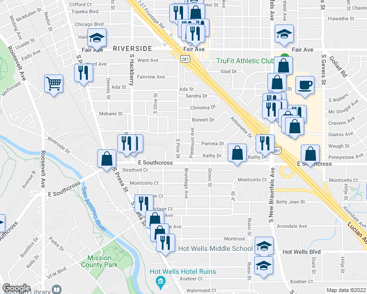 map of restaurants, bars, coffee shops, grocery stores, and more near 112 Pamela Dr in San Antonio
