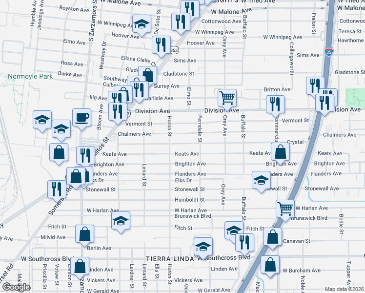 map of restaurants, bars, coffee shops, grocery stores, and more near 1218 Keats Street in San Antonio