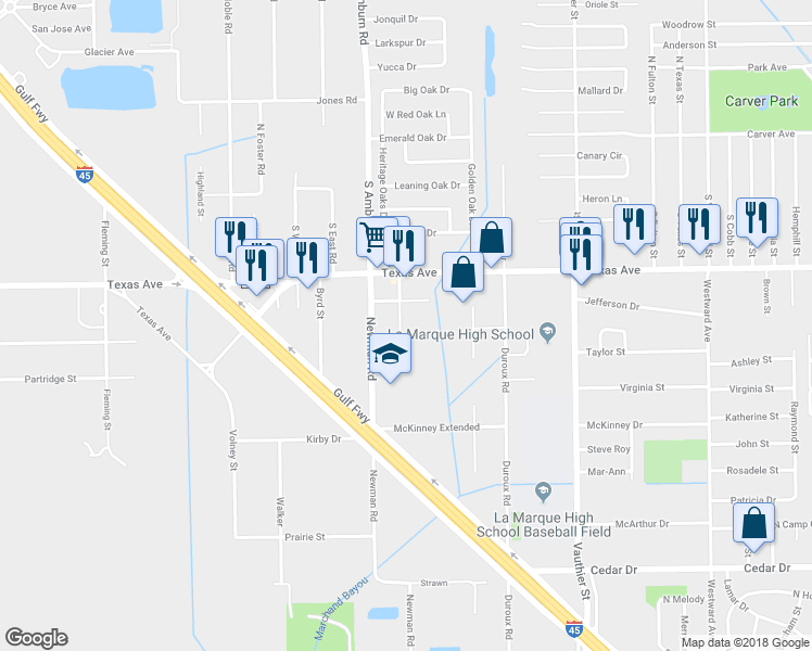 map of restaurants, bars, coffee shops, grocery stores, and more near 213 Bernice Street in La Marque