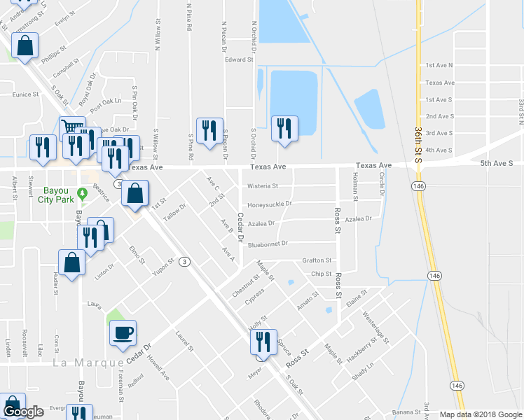 map of restaurants, bars, coffee shops, grocery stores, and more near 613 Honeysuckle Drive in La Marque
