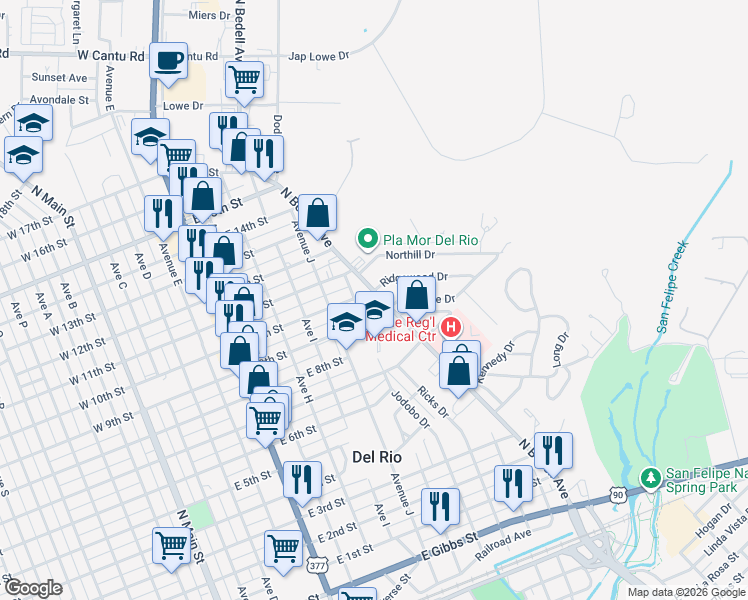 map of restaurants, bars, coffee shops, grocery stores, and more near 1001-1099 East 9th Street in Del Rio