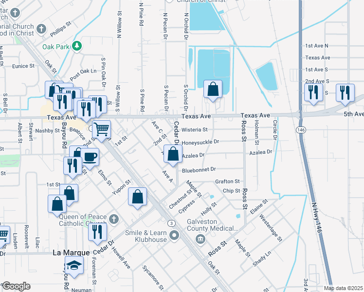 map of restaurants, bars, coffee shops, grocery stores, and more near 621 Honeysuckle Drive in La Marque