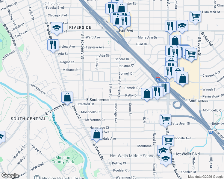 map of restaurants, bars, coffee shops, grocery stores, and more near 104 Pamela Drive in San Antonio