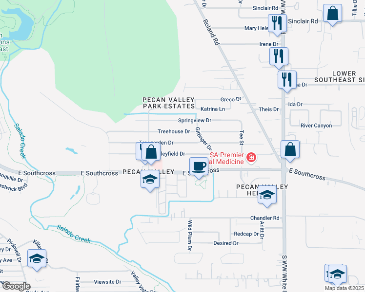 map of restaurants, bars, coffee shops, grocery stores, and more near 4242 Treehouse Drive in San Antonio