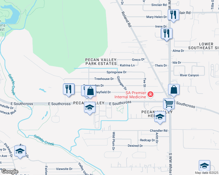 map of restaurants, bars, coffee shops, grocery stores, and more near 4242 Treehouse Drive in San Antonio