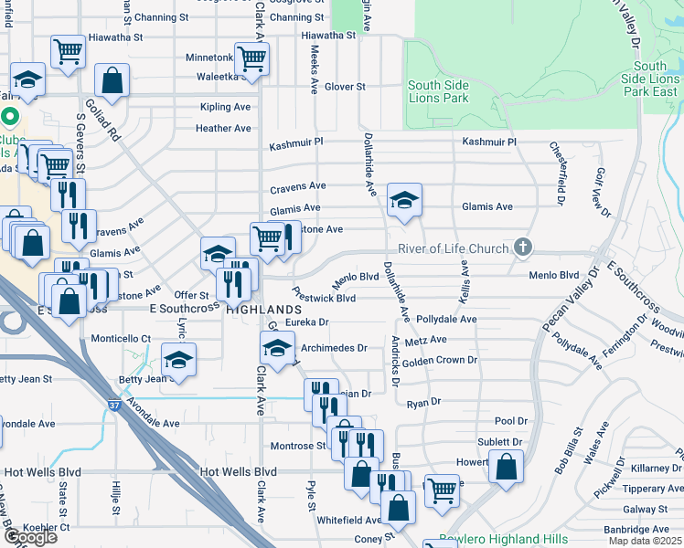 map of restaurants, bars, coffee shops, grocery stores, and more near 3025 East Southcross in San Antonio