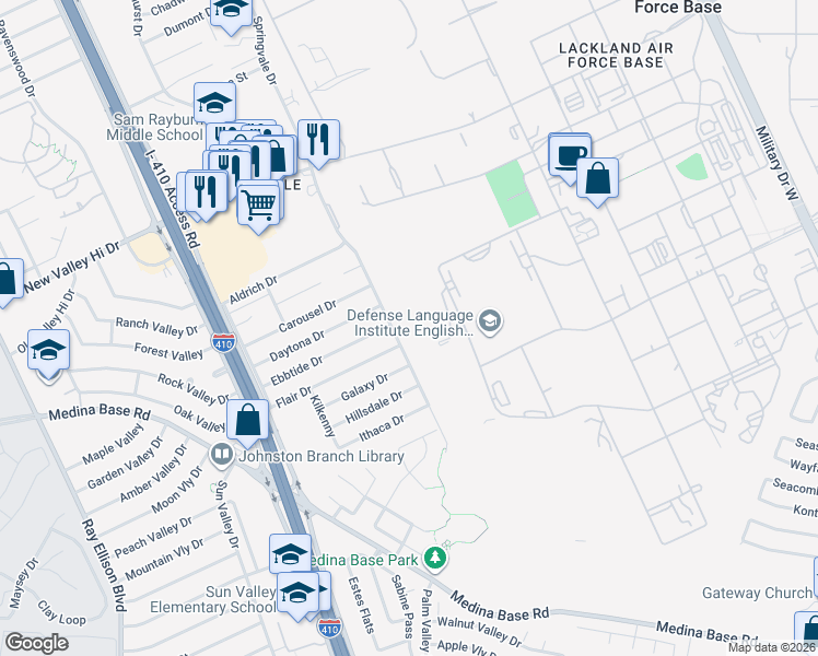 map of restaurants, bars, coffee shops, grocery stores, and more near 2022 Springvale Drive in San Antonio