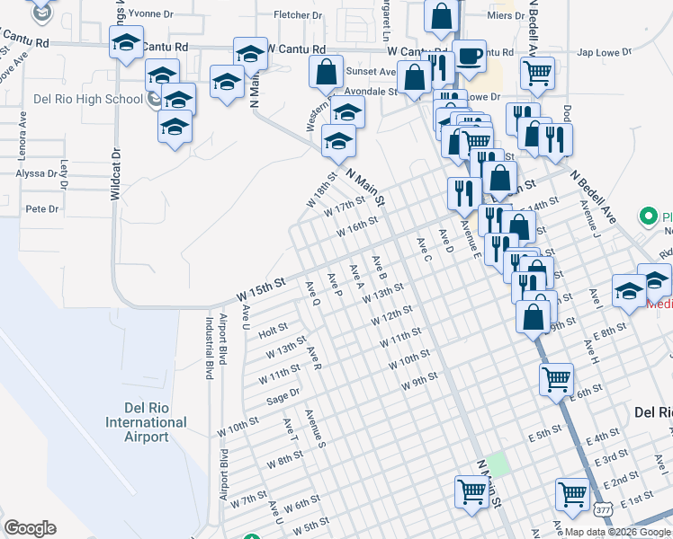 map of restaurants, bars, coffee shops, grocery stores, and more near 1702 Ave A in Del Rio
