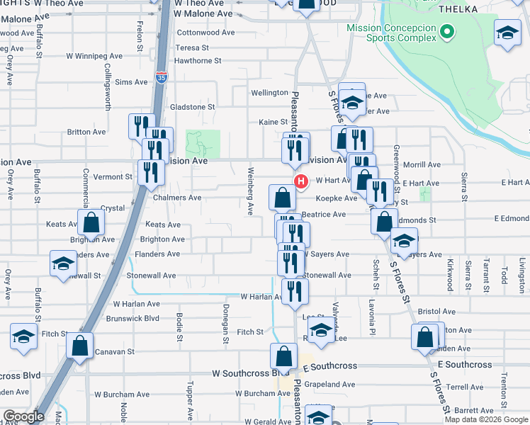 map of restaurants, bars, coffee shops, grocery stores, and more near 702 Weinberg Avenue in San Antonio