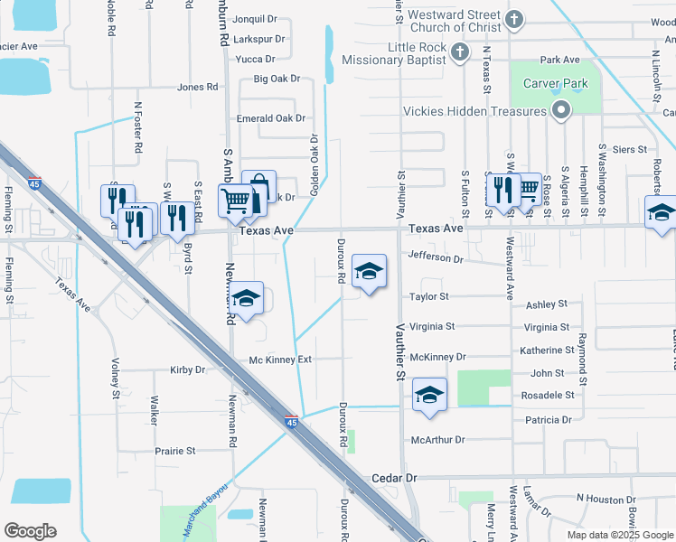 map of restaurants, bars, coffee shops, grocery stores, and more near 1 North Campus Heights Drive in La Marque