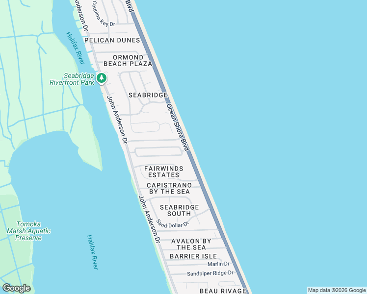 map of restaurants, bars, coffee shops, grocery stores, and more near 3400 Ocean Shore Boulevard in Ormond Beach