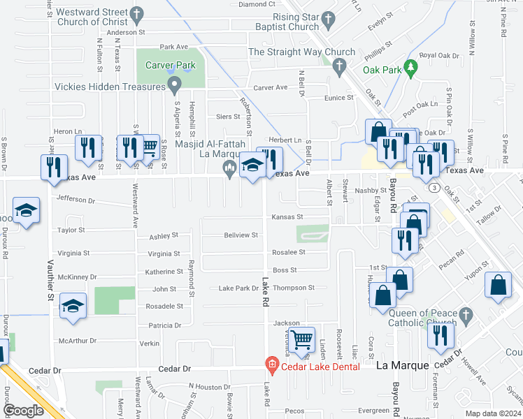 map of restaurants, bars, coffee shops, grocery stores, and more near 122 Lake Road in La Marque