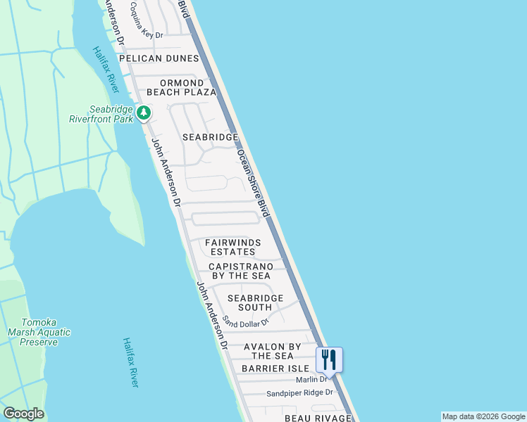 map of restaurants, bars, coffee shops, grocery stores, and more near 3400 Ocean Shore Boulevard in Ormond Beach