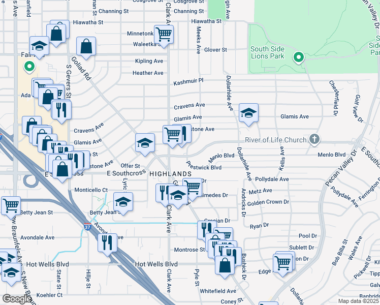 map of restaurants, bars, coffee shops, grocery stores, and more near 4411 Meeks Avenue in San Antonio