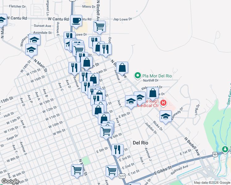 map of restaurants, bars, coffee shops, grocery stores, and more near 806 East 11th Street in Del Rio