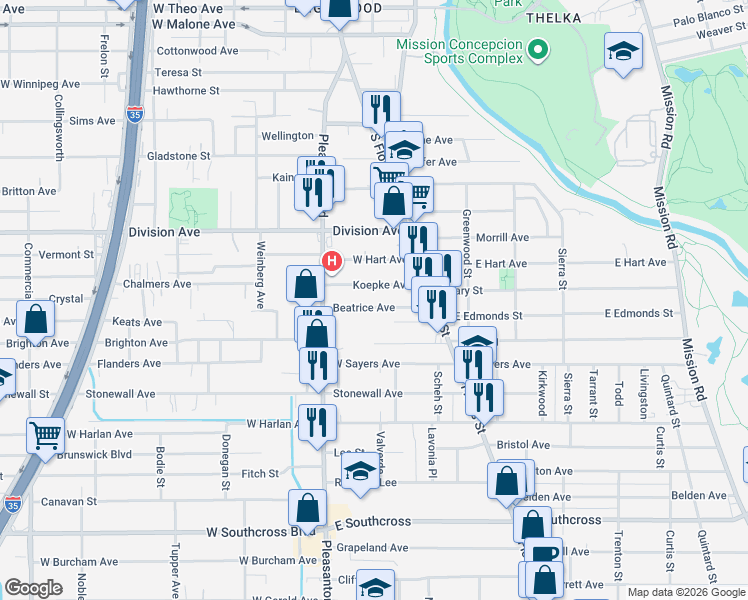 map of restaurants, bars, coffee shops, grocery stores, and more near 138 Koepke Avenue in San Antonio