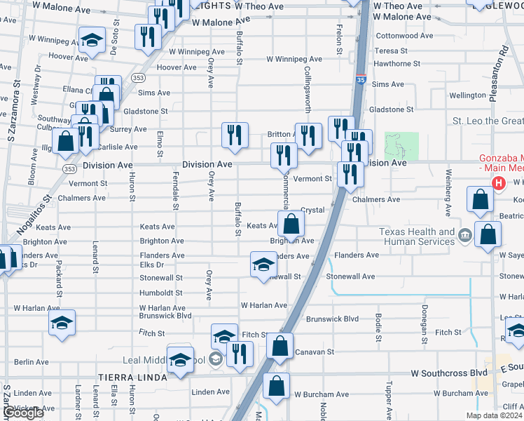 map of restaurants, bars, coffee shops, grocery stores, and more near 938 Chalmers Avenue in San Antonio