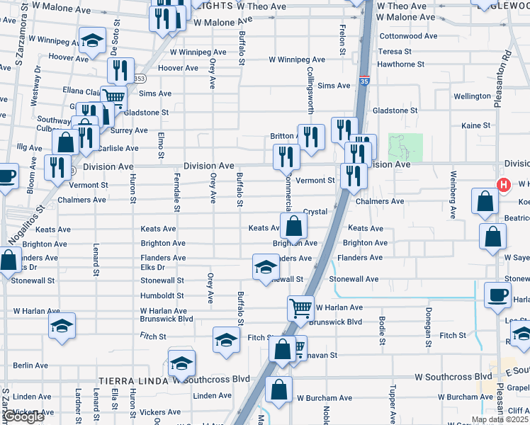 map of restaurants, bars, coffee shops, grocery stores, and more near 938 Chalmers Avenue in San Antonio