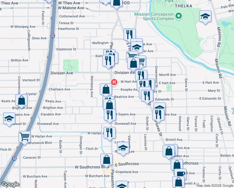 map of restaurants, bars, coffee shops, grocery stores, and more near 158 Koepke Avenue in San Antonio