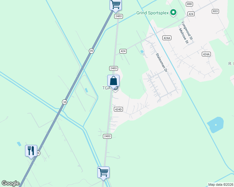 map of restaurants, bars, coffee shops, grocery stores, and more near 3629 Farm to Market Road 2403 in Alvin