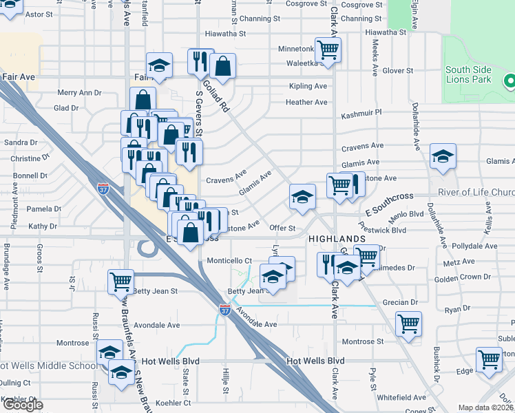 map of restaurants, bars, coffee shops, grocery stores, and more near 218 Waugh Street in San Antonio