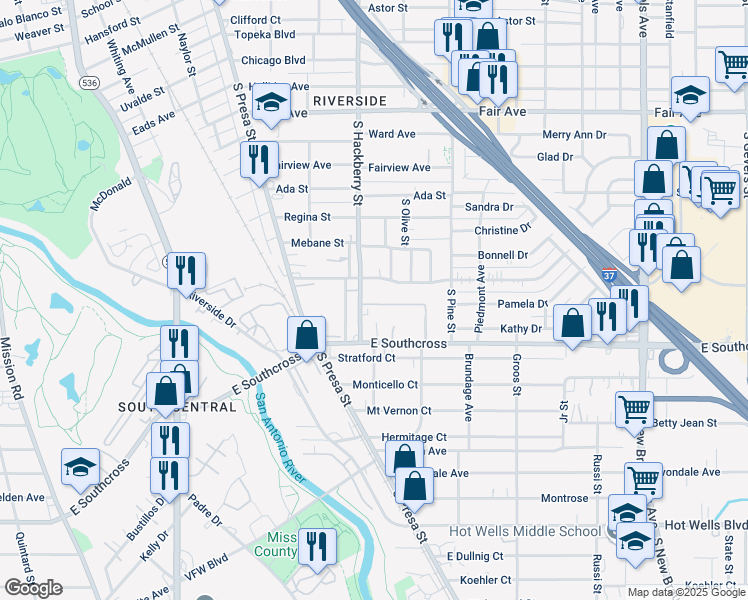 map of restaurants, bars, coffee shops, grocery stores, and more near 4611 South Hackberry in San Antonio
