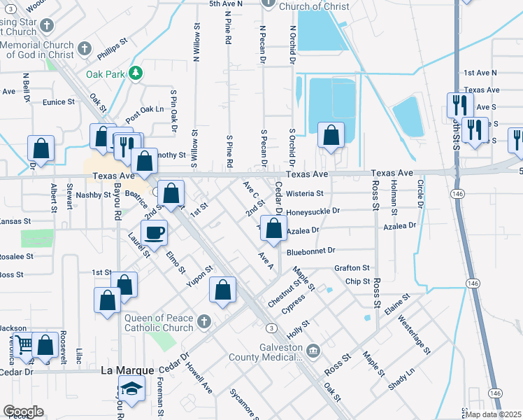 map of restaurants, bars, coffee shops, grocery stores, and more near 415 Avenue C in La Marque