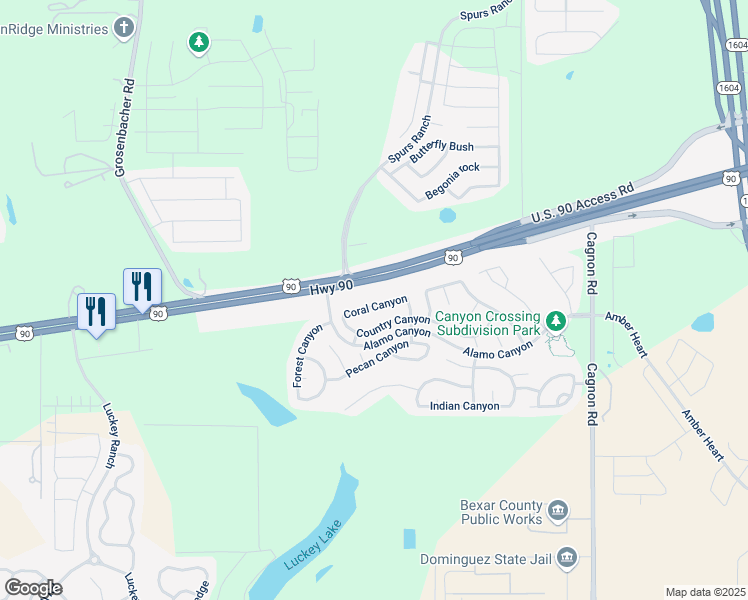 map of restaurants, bars, coffee shops, grocery stores, and more near 11451 Coral Canyon in San Antonio