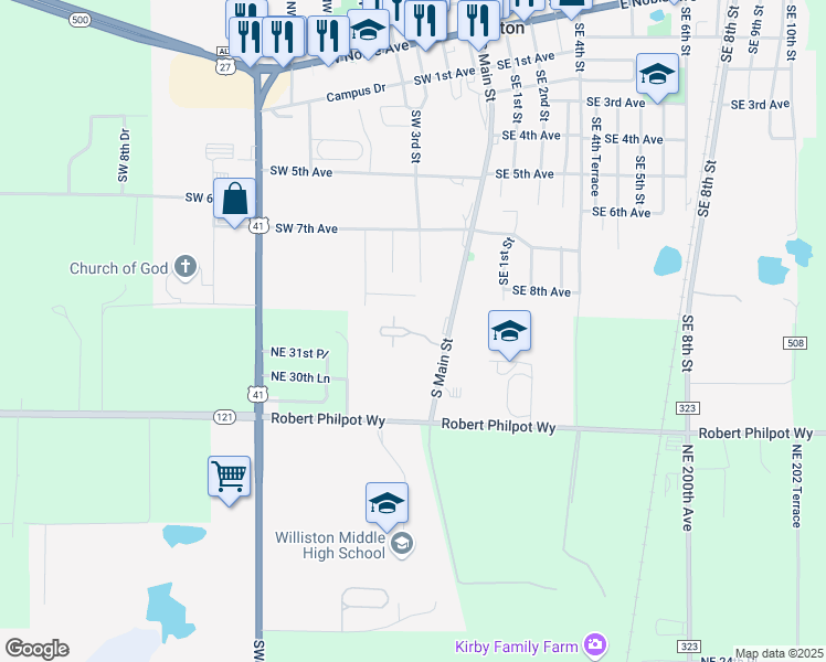map of restaurants, bars, coffee shops, grocery stores, and more near 13 Southwest 8th Place in Williston