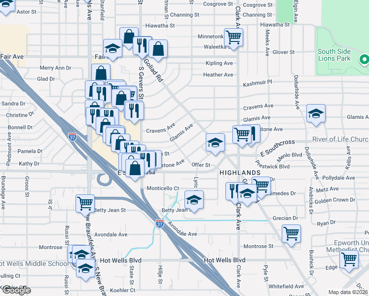 map of restaurants, bars, coffee shops, grocery stores, and more near 218 Waugh Street in San Antonio