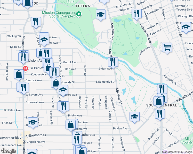 map of restaurants, bars, coffee shops, grocery stores, and more near 510 Mary in San Antonio