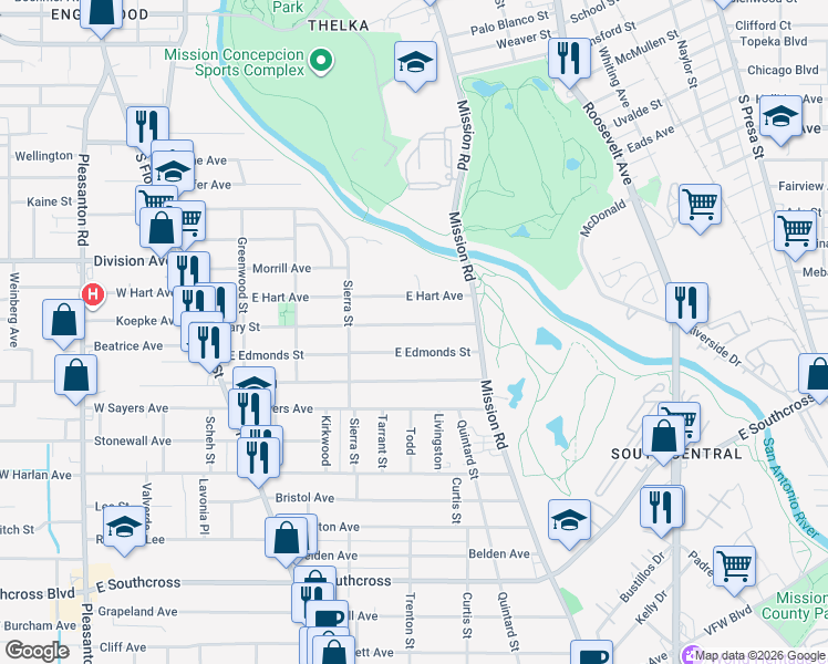 map of restaurants, bars, coffee shops, grocery stores, and more near 510 Mary in San Antonio