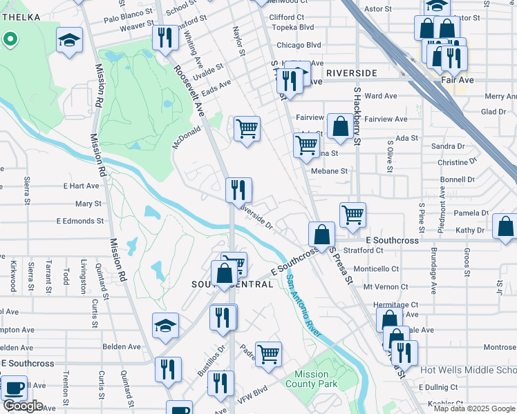 map of restaurants, bars, coffee shops, grocery stores, and more near 327 Riverside Drive in San Antonio