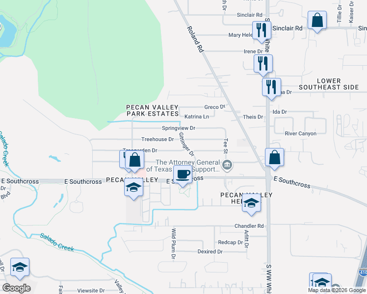 map of restaurants, bars, coffee shops, grocery stores, and more near 4267 Treegarden Drive in San Antonio