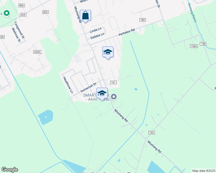 map of restaurants, bars, coffee shops, grocery stores, and more near 3835 County Road 161 in Alvin