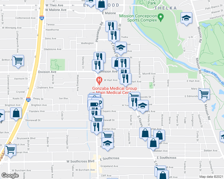 map of restaurants, bars, coffee shops, grocery stores, and more near 138 Koepke Avenue in San Antonio