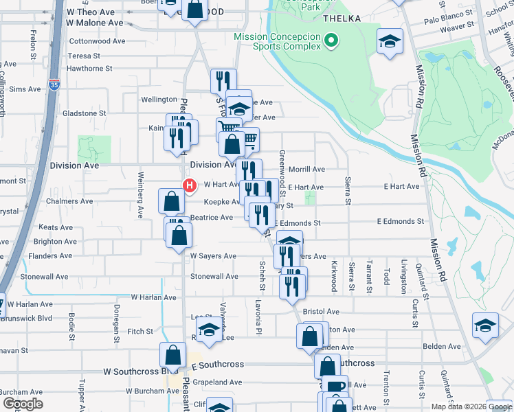 map of restaurants, bars, coffee shops, grocery stores, and more near South Flores Street in San Antonio