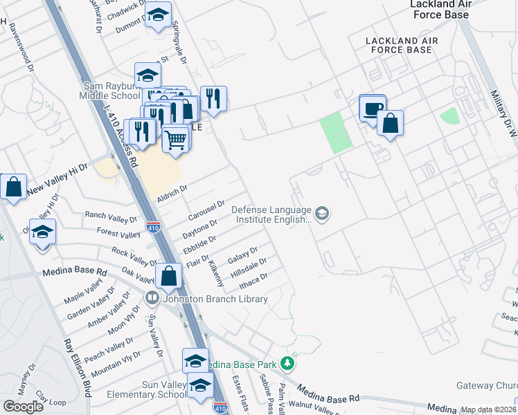 map of restaurants, bars, coffee shops, grocery stores, and more near 2022 Springvale Drive in San Antonio