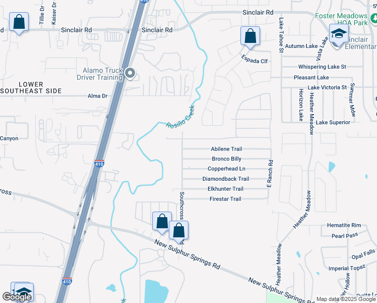 map of restaurants, bars, coffee shops, grocery stores, and more near 5405 Abilene Trail in San Antonio