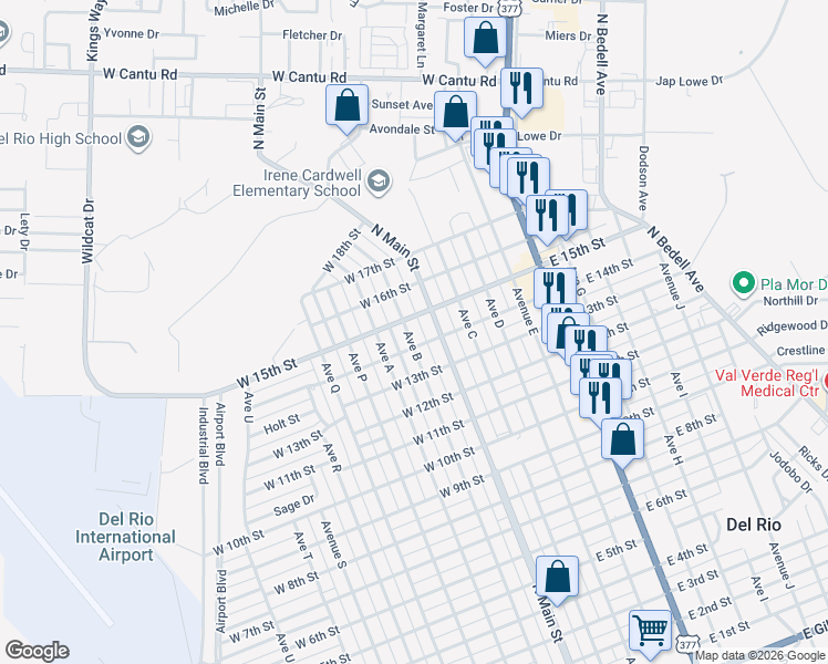 map of restaurants, bars, coffee shops, grocery stores, and more near 1606 Avenue B in Del Rio