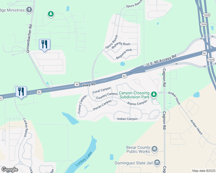 map of restaurants, bars, coffee shops, grocery stores, and more near 11403 Coral Canyon in San Antonio