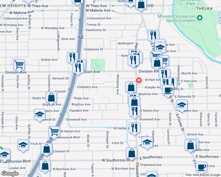 map of restaurants, bars, coffee shops, grocery stores, and more near 426 Chalmers Avenue in San Antonio