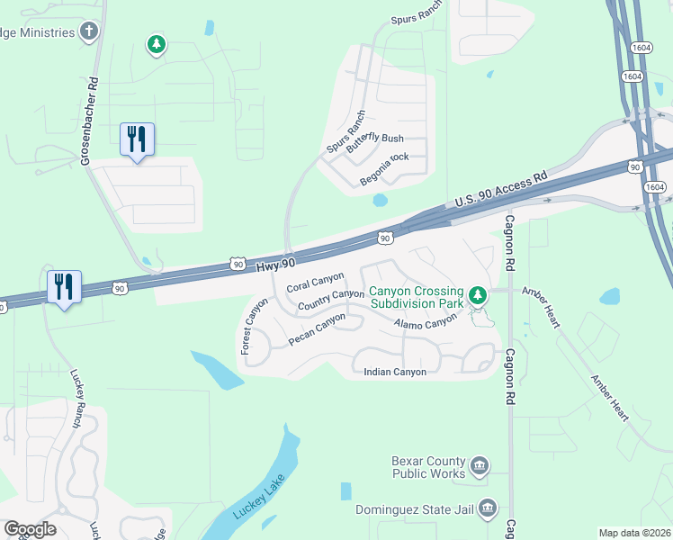 map of restaurants, bars, coffee shops, grocery stores, and more near 11403 Coral Canyon in San Antonio