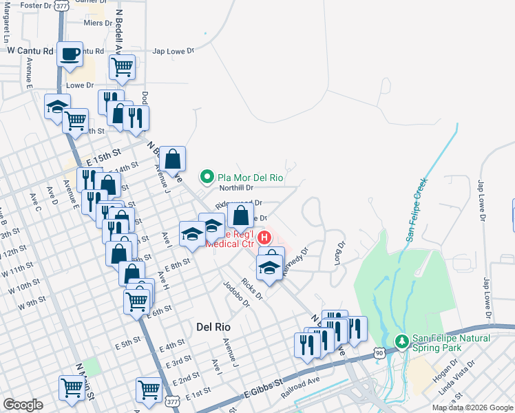 map of restaurants, bars, coffee shops, grocery stores, and more near 125 Ridgewood Drive in Del Rio