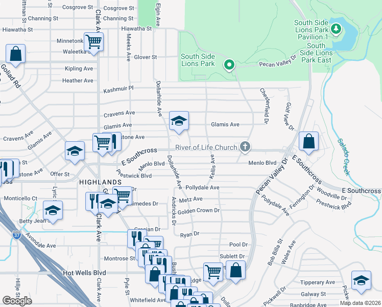 map of restaurants, bars, coffee shops, grocery stores, and more near 3138 East Southcross in San Antonio