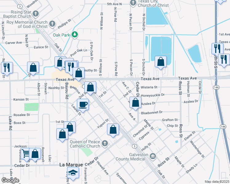 map of restaurants, bars, coffee shops, grocery stores, and more near 413 Avenue A in La Marque